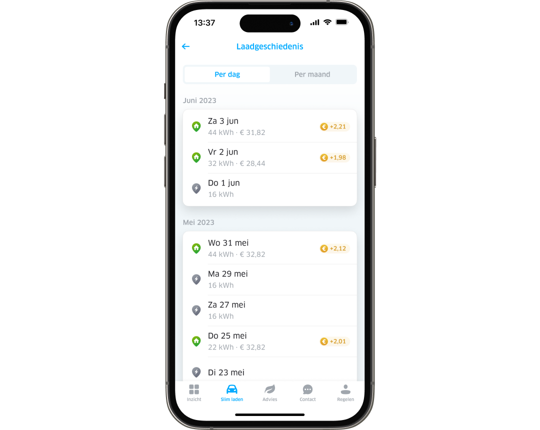 Volledig inzicht in jouw laadgeschiedenis in de app
